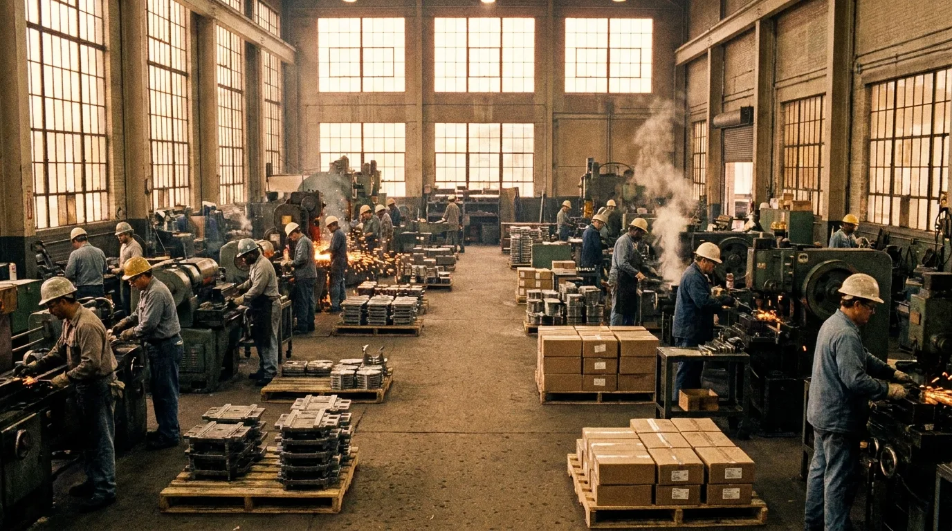 Wide view of a busy American factory floor with workers at machines and pallets of finished goods under high windows