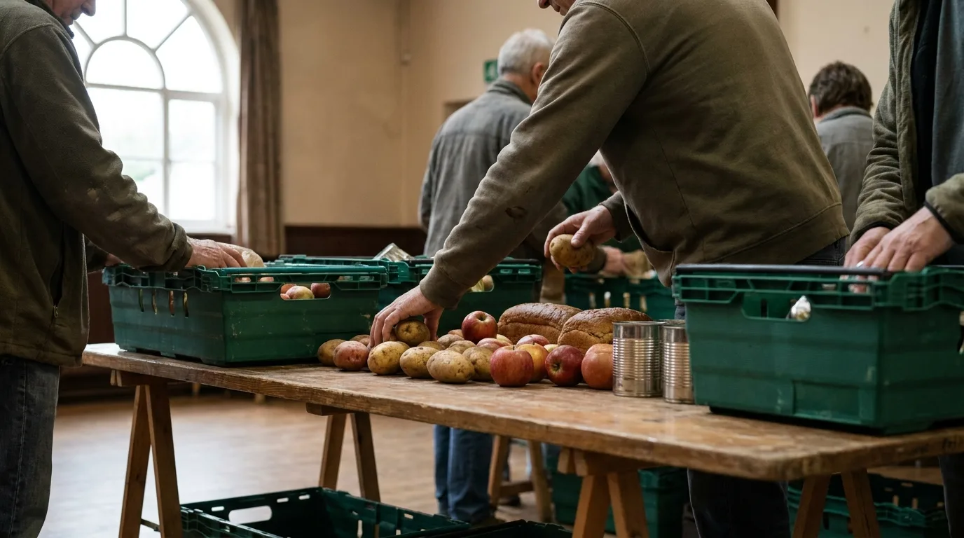 Freiwillige sortieren gespendete Lebensmittel in einer Ausgabestelle, ein alltägliches Beispiel für Zivilgesellschaft
