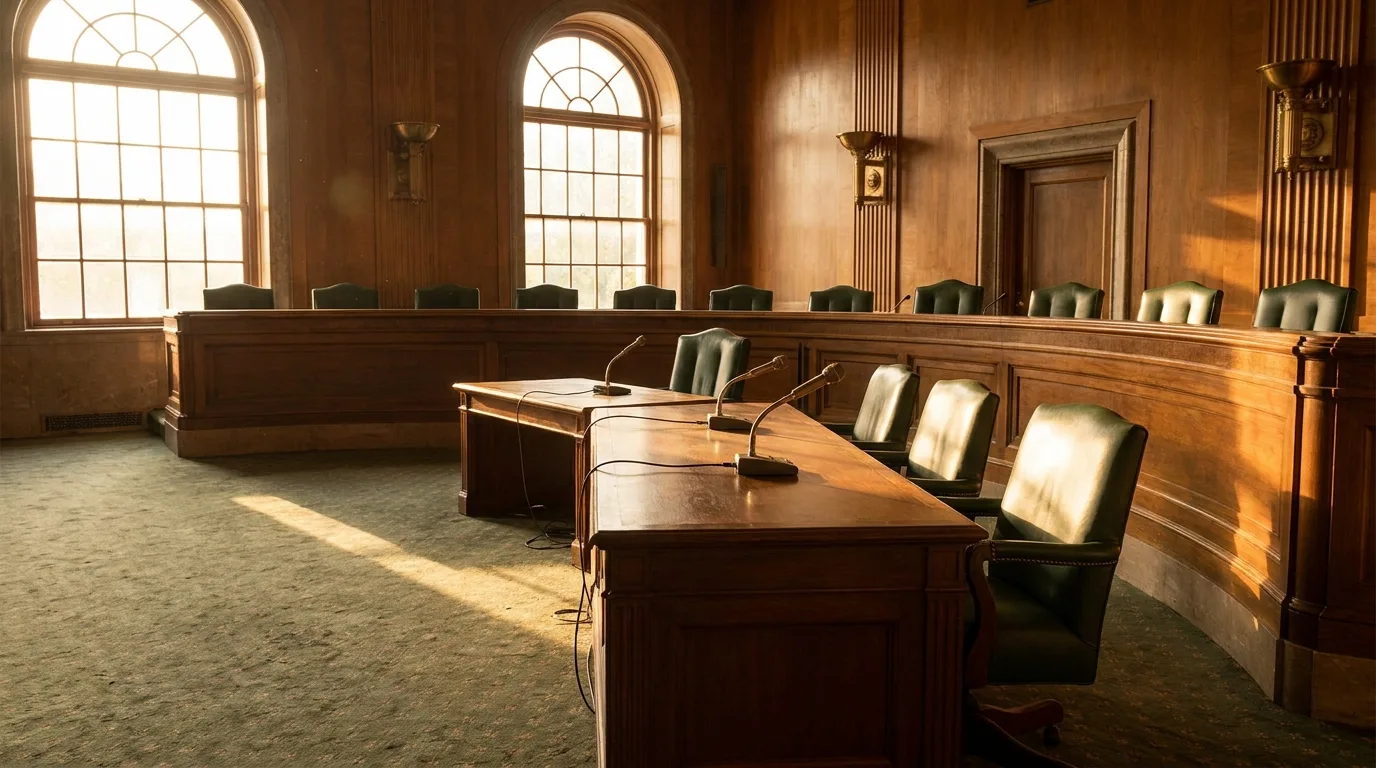 A quiet Senate hearing room with wooden desks and microphones in late afternoon light