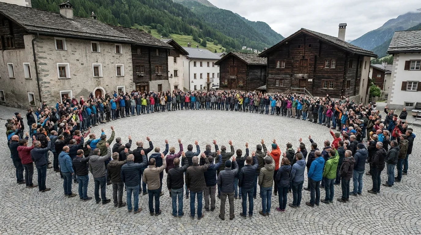 Bürgerinnen und Bürger stimmen auf einem Dorfplatz in den Alpen mit erhobener Hand ab