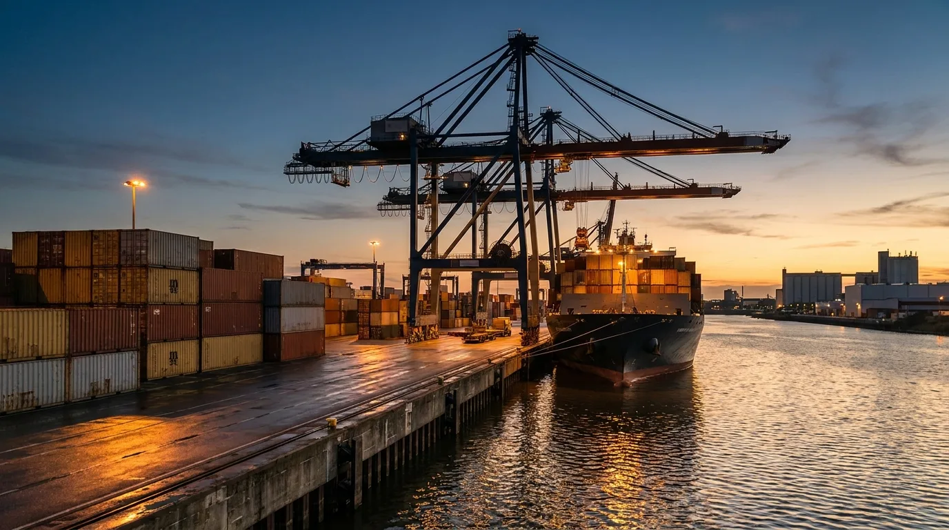 Containerterminal an einem Flusshafen in der Abenddämmerung mit Containerbrücken und einem beladenen Frachtschiff am Kai