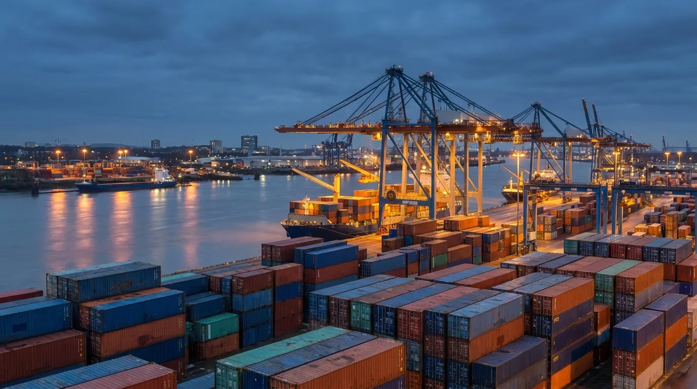 Containerschiffe und Kräne in einem großen Seehafen in der Abenddämmerung