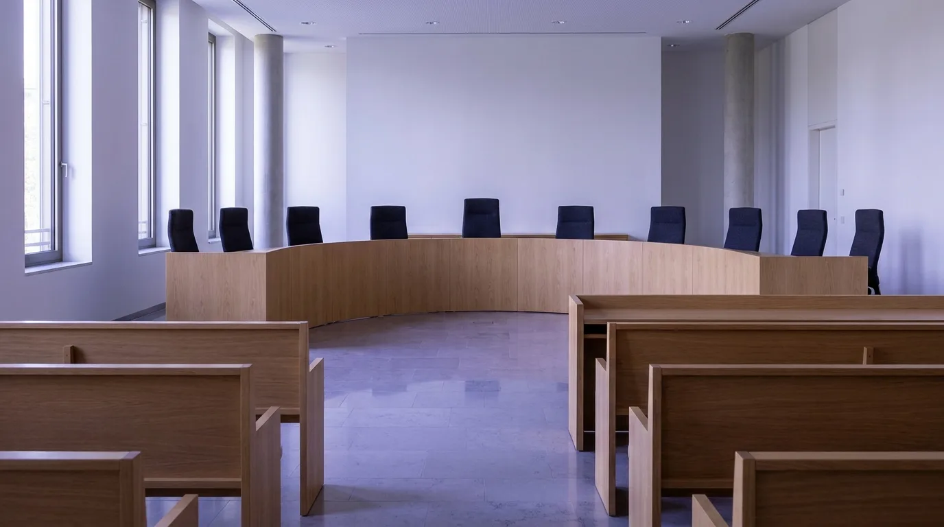 Leerer Sitzungssaal eines hohen Gerichts mit langer Richterbank, Ort der richterlichen Normenkontrolle