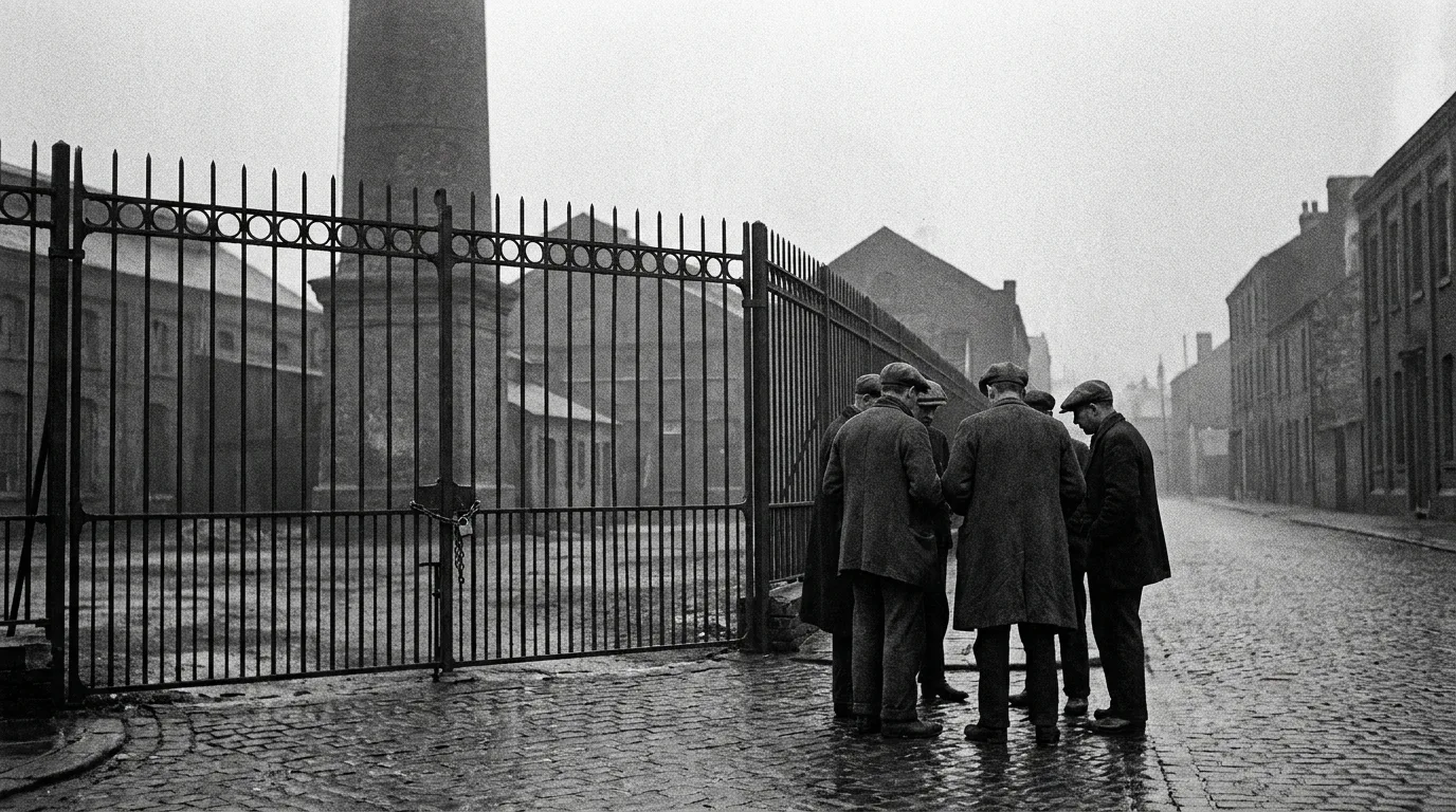Schwarz-Weiß-Szene einer europäischen Industriestraße Anfang der 1930er Jahre mit verschlossenem Fabriktor, kaltem Schornstein und wartenden Arbeitern in Wintermänteln