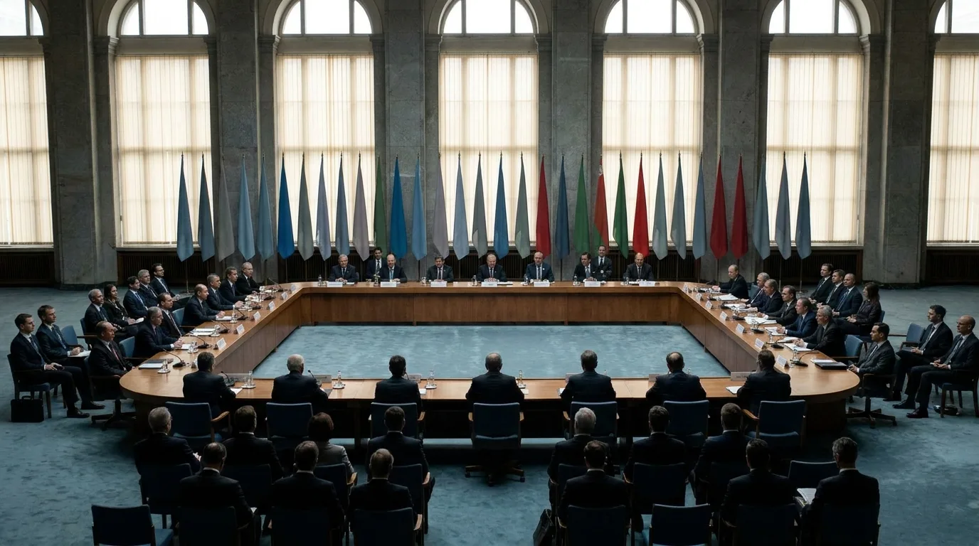 Delegates seated around a long conference table in a bright hall with national flags along the wall