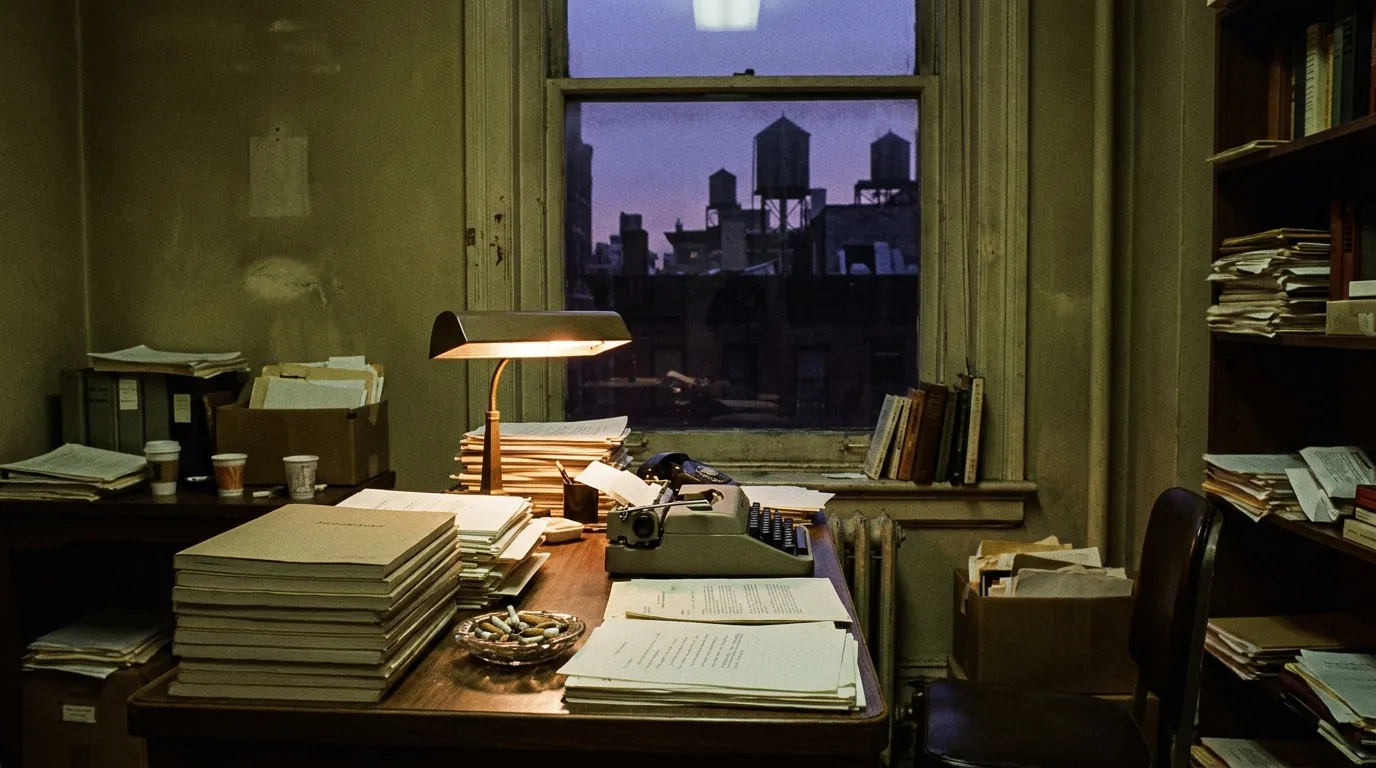 Ein Redaktionsbüro der späten 1970er-Jahre mit Zeitschriftenstapeln, Schreibmaschine und Blick über die Dächer von Manhattan in der Abenddämmerung