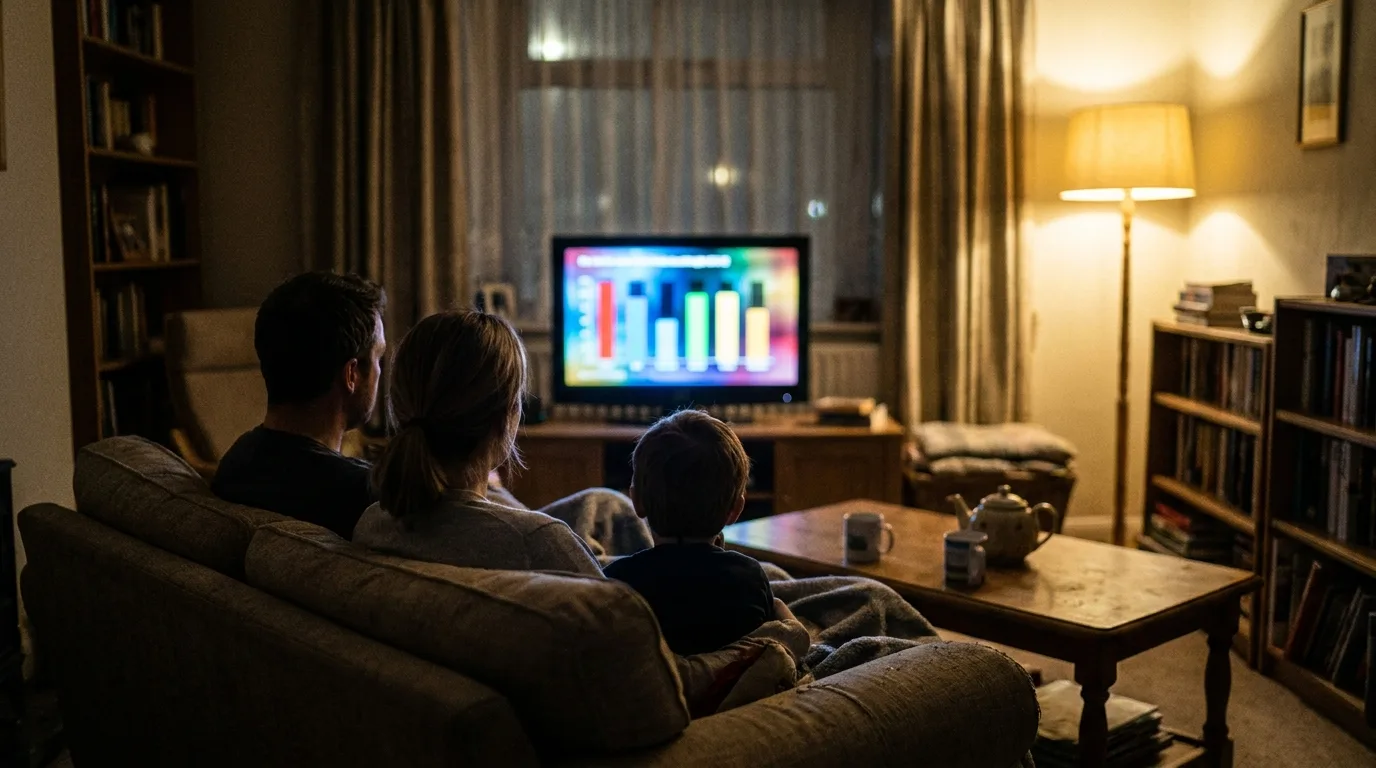 Familie von hinten auf dem Sofa im Wohnzimmer, die am Wahlabend die Hochrechnungen im Fernsehen verfolgt