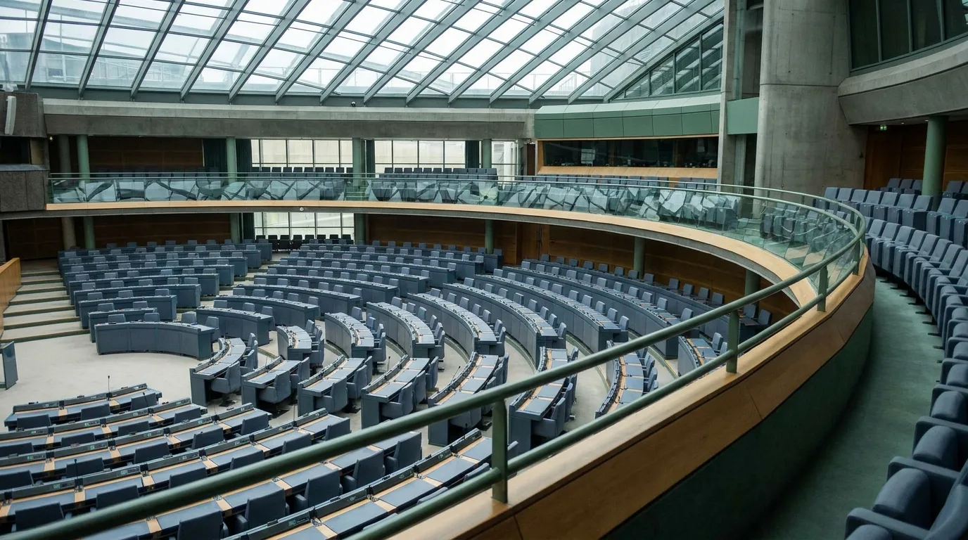 Blick von der Besuchertribüne in einen modernen Plenarsaal mit Glasdach und leeren, halbkreisförmig angeordneten Abgeordnetenplätzen