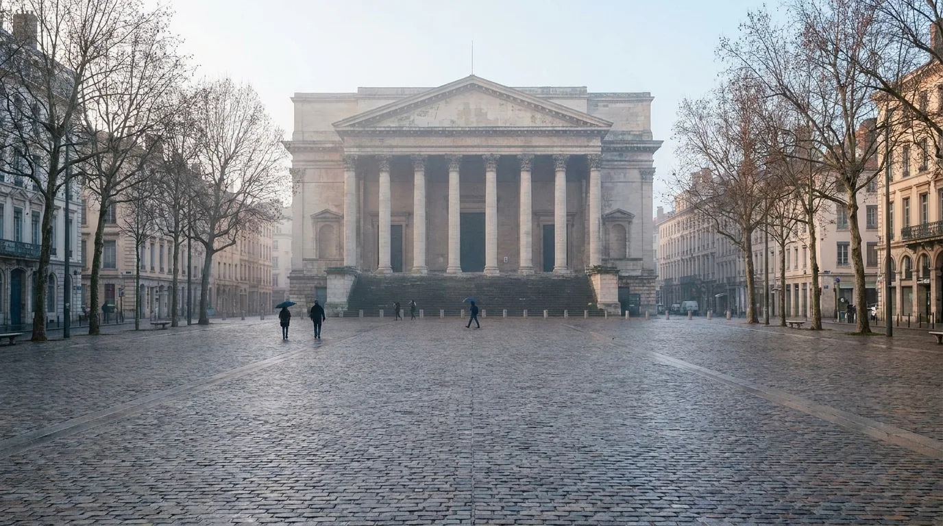 Gepflasterter Platz im Morgendunst vor einem klassizistischen Gebäude mit Säulenportal, wie es für Parlamente in Republiken typisch ist, davor wenige kleine Passanten