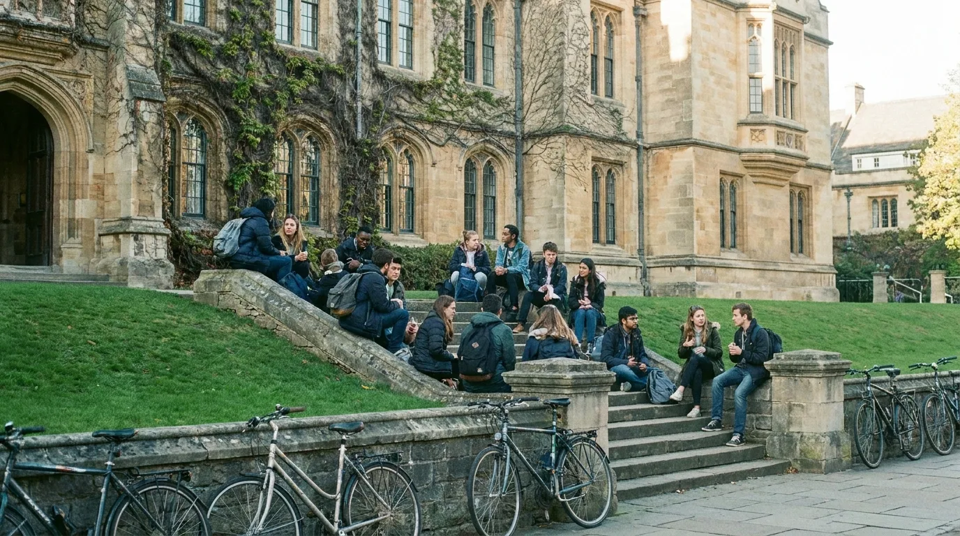 Internationale Studierende im Gespräch auf dem Campus einer historischen Universität