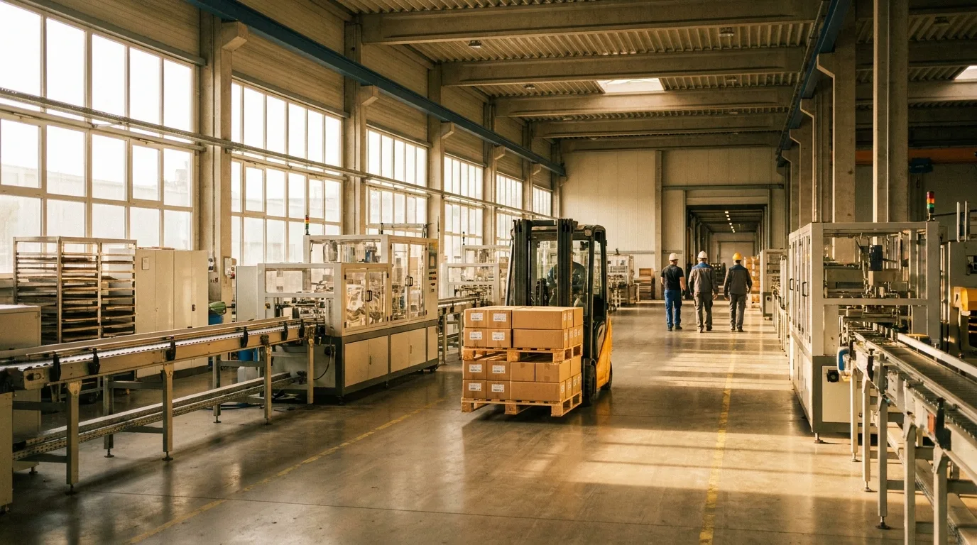 Weite Fabrikhalle mit Maschinen, Gabelstapler und Paletten fertiger Waren unter großen Fenstern