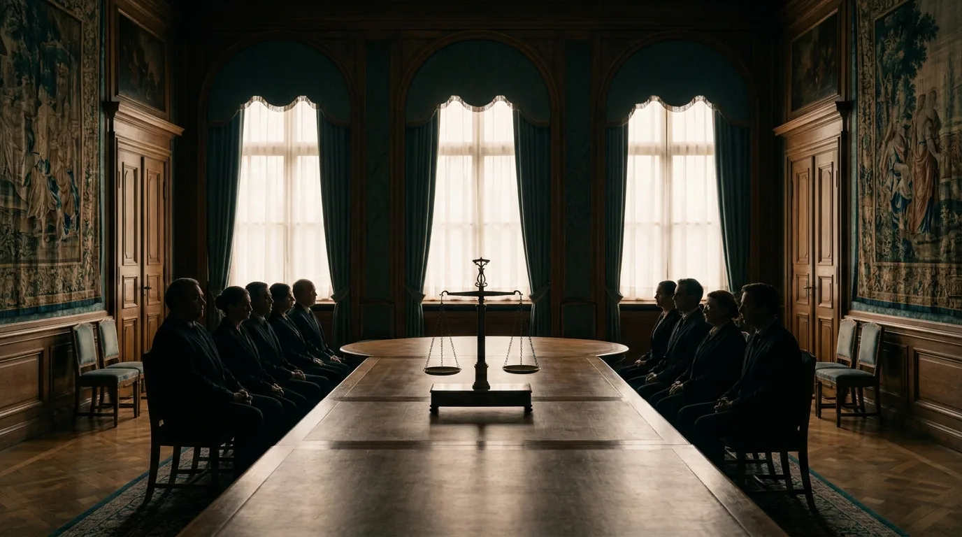 Two groups of diplomats facing each other across a long table in a palace hall, with a brass balance scale in the middle