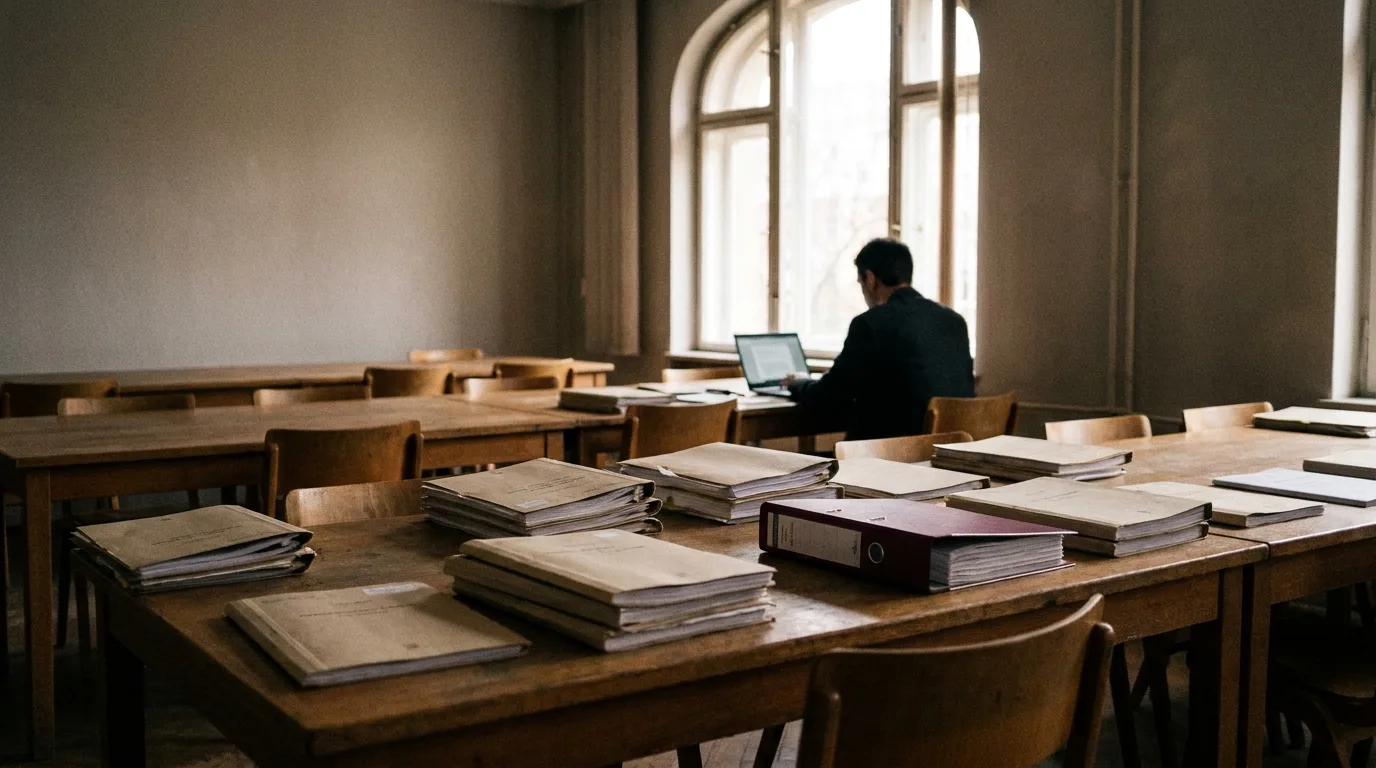 Lesesaal eines Forschungsinstituts mit langen Holztischen, gestapelten Berichten und einer Person am Laptop vor einem hohen Fenster