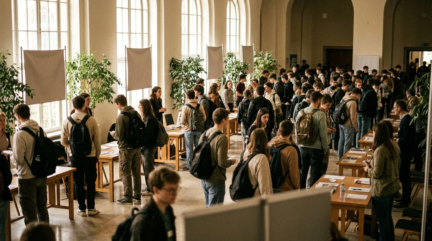A busy international student exchange fair in a university hall with visitors talking at information stands