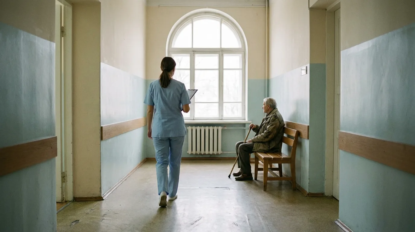 A quiet public hospital corridor in soft morning light with a nurse walking away from the camera and an older man with a cane seated on a wooden bench by a tall window