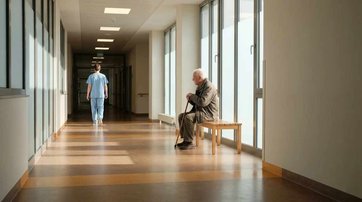 Ruhiger Krankenhausflur im Morgenlicht, eine Pflegekraft geht vom Betrachter weg, ein älterer Mann mit Gehstock sitzt auf einer Holzbank am Fenster