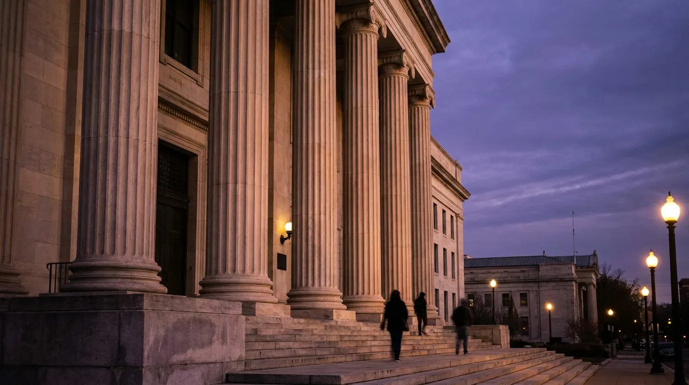Säulenfassade eines Gerichtsgebäudes in der Abenddämmerung als Sinnbild für die Debatte über Judicial Activism