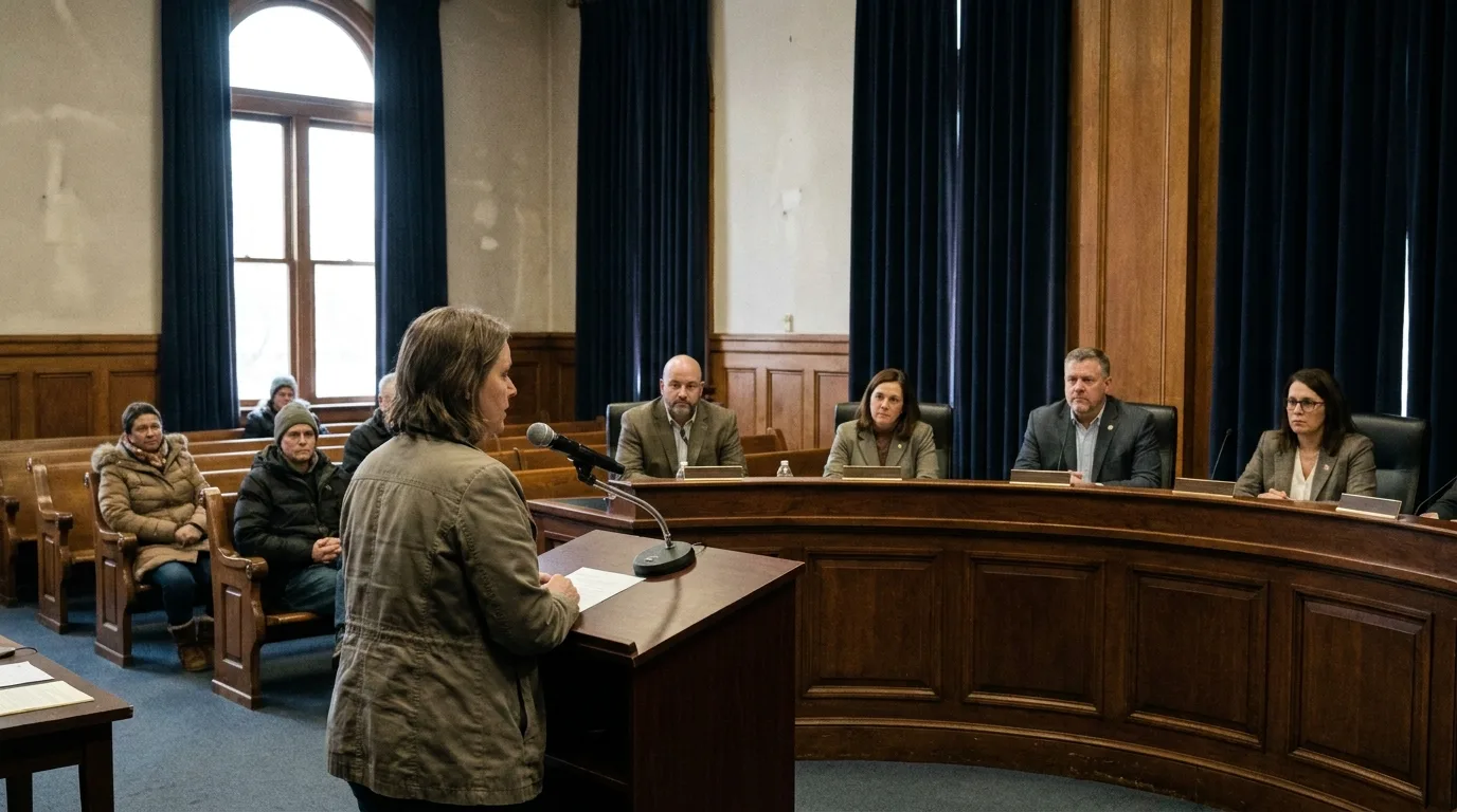 A city council chamber during a public hearing, with citizens and officials discussing a proposal